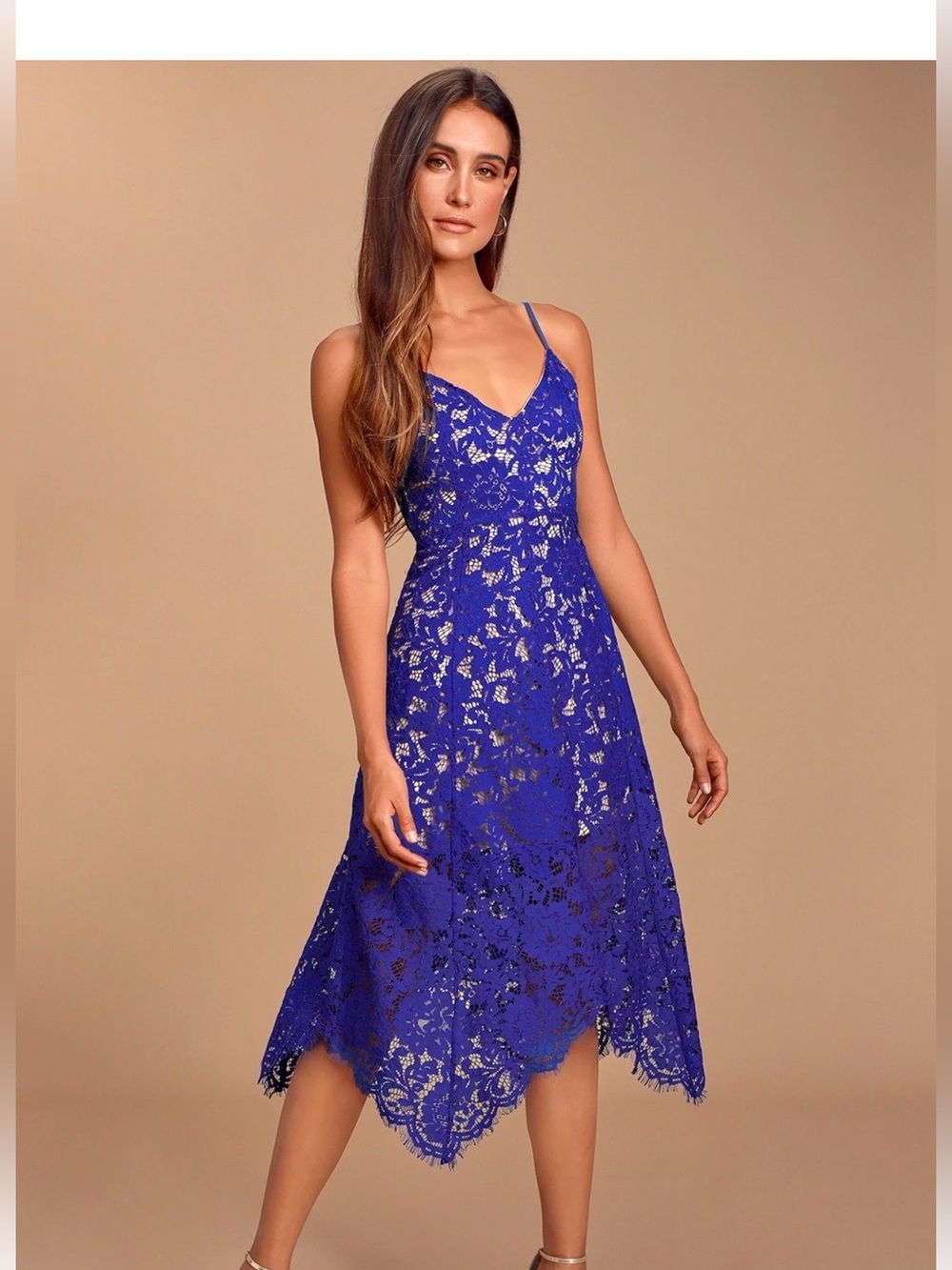 Lulus NWT Sz S One Wish Royal Blue Lace Midi Dress Handkerchief Hem Lined